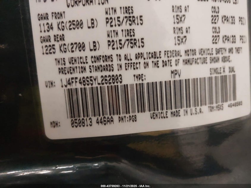 2000 Jeep Cherokee Sport VIN: 1J4FF48S5YL262803 Lot: 43759283