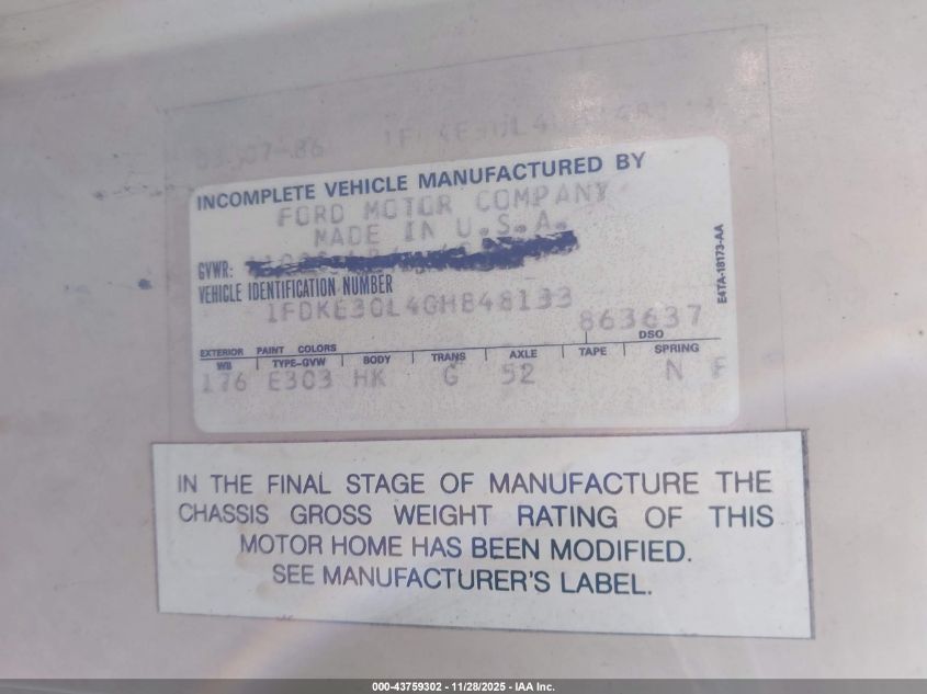 1986 Ford Econoline E350 Cutaway Van VIN: 1FDKE30L4GAB48133 Lot: 43759302