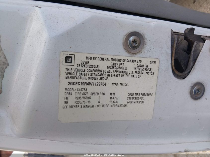 1998 Chevrolet C1500 Fleetside VIN: 2GCEC19R4W1129764 Lot: 43759349