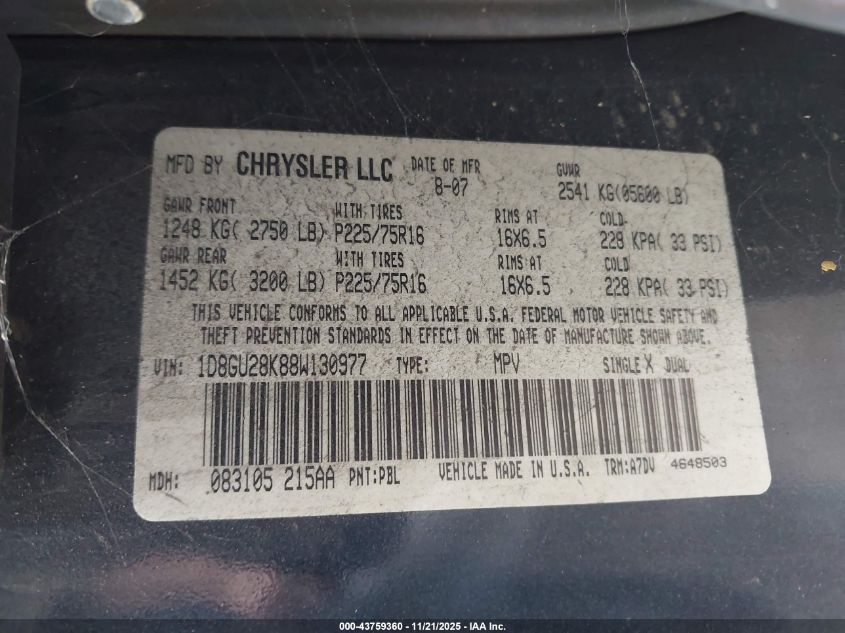 2008 Dodge Nitro Sxt VIN: 1D8GU28K88W130977 Lot: 43759360