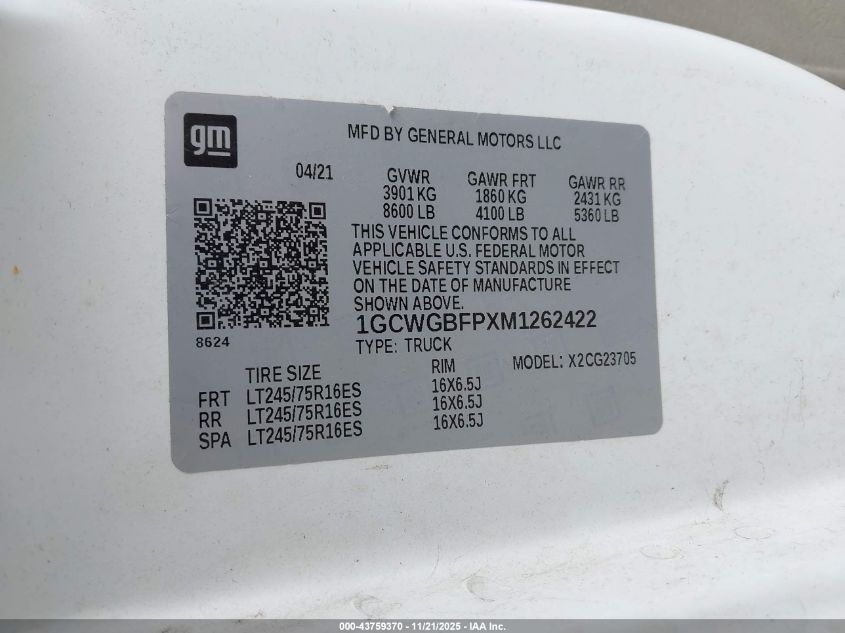 2021 Chevrolet Express Cargo Rwd 2500 Extended Wheelbase Wt VIN: 1GCWGBFPXM1262422 Lot: 43759370
