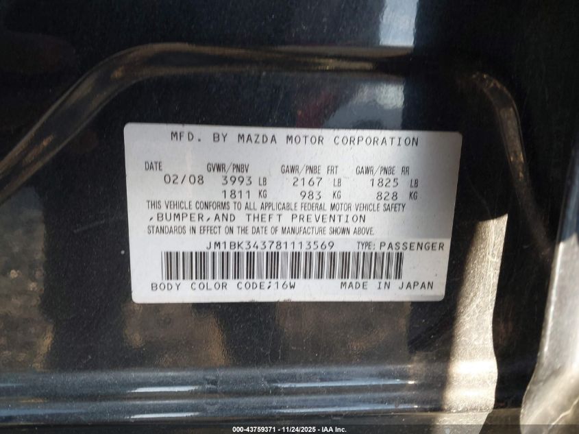 2008 Mazda Mazda3 S Touring VIN: JM1BK343781113569 Lot: 43759371