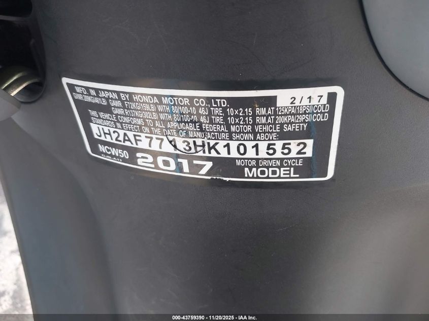 2017 Honda Ncw50 VIN: JH2AF7713HK101552 Lot: 43759390