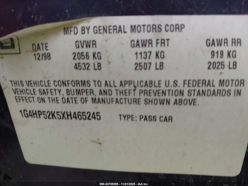 1999 Buick Lesabre Custom VIN: 1G4HP52K5XH465245 Lot: 43759398