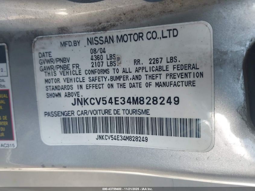 2004 Infiniti G35 VIN: JNKCV54E34M828249 Lot: 43759400