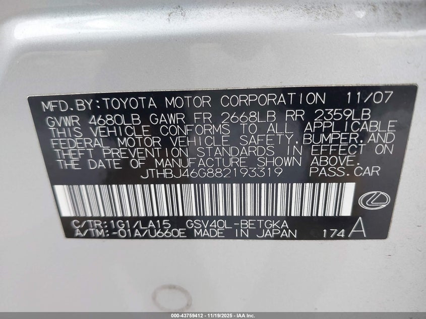 JTHBJ46G882193319 2008 LEXUS ES photo no. 9