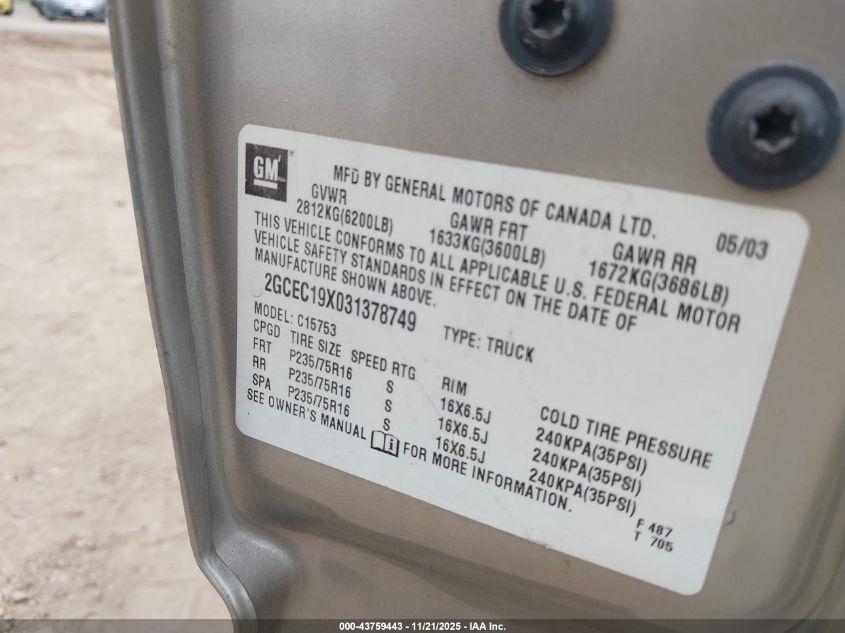 2003 Chevrolet Silverado 1500 Work Truck VIN: 2GCEC19X031378749 Lot: 43759443