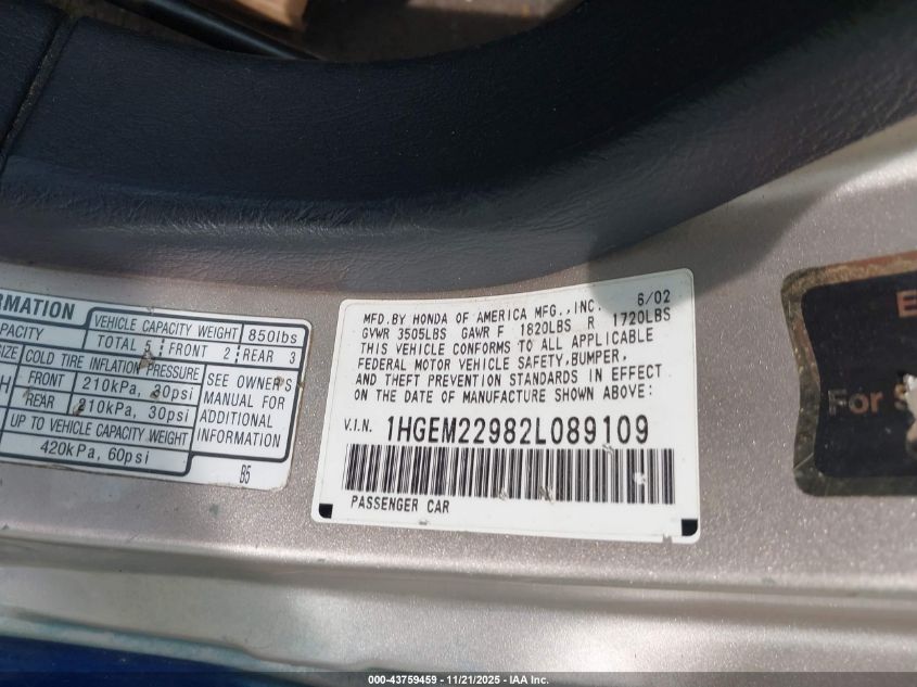 2002 Honda Civic Ex VIN: 1HGEM22982L089109 Lot: 43759459