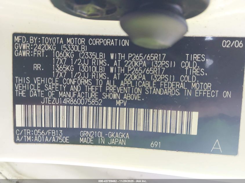 2006 Toyota 4Runner Sr5 Sport V6 VIN: JTEZU14R860075852 Lot: 43759462