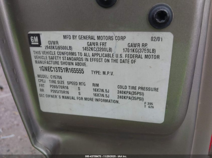 2001 Chevrolet Tahoe Lt VIN: 1GNEC13T51R165555 Lot: 43759470