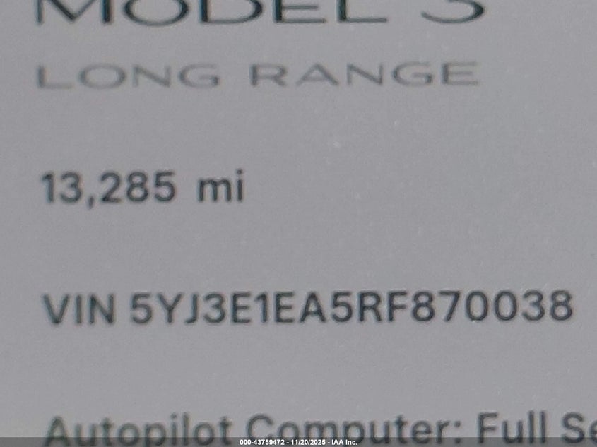 2024 Tesla Model 3 Long Range Dual Motor All-Wheel Drive/Rear-Wheel Drive VIN: 5YJ3E1EA5RF870038 Lot: 43759472