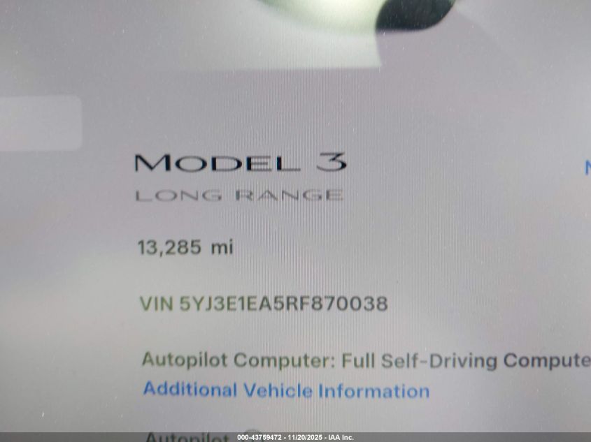 2024 Tesla Model 3 Long Range Dual Motor All-Wheel Drive/Rear-Wheel Drive VIN: 5YJ3E1EA5RF870038 Lot: 43759472