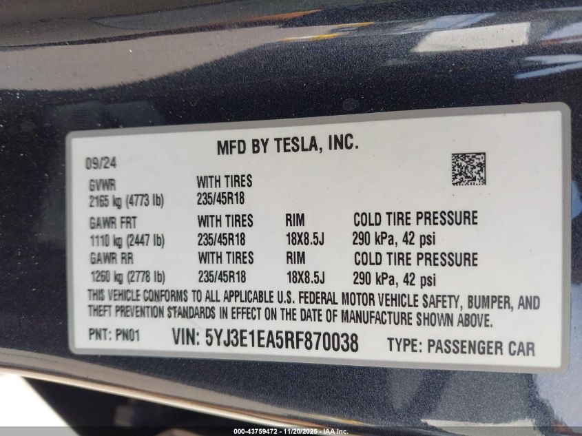 2024 Tesla Model 3 Long Range Dual Motor All-Wheel Drive/Rear-Wheel Drive VIN: 5YJ3E1EA5RF870038 Lot: 43759472