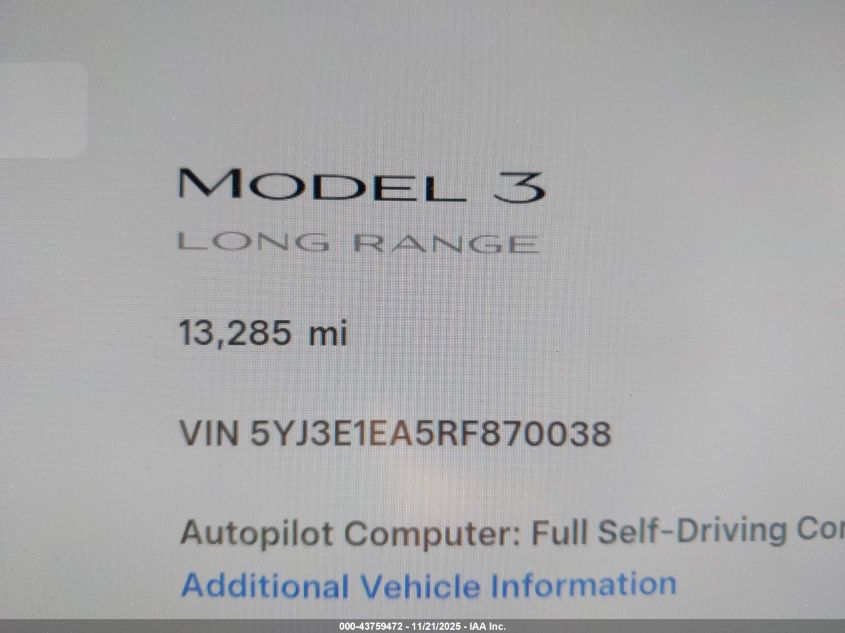 2024 Tesla Model 3 Long Range Dual Motor All-Wheel Drive/Rear-Wheel Drive VIN: 5YJ3E1EA5RF870038 Lot: 43759472