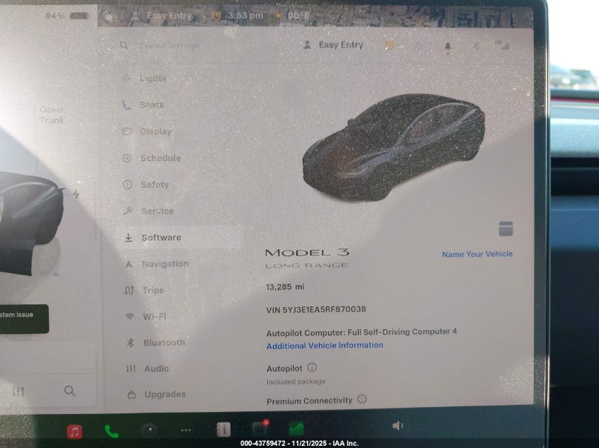 2024 Tesla Model 3 Long Range Dual Motor All-Wheel Drive/Rear-Wheel Drive VIN: 5YJ3E1EA5RF870038 Lot: 43759472