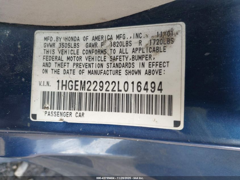 2002 Honda Civic Ex VIN: 1HGEM22922L016494 Lot: 43759484