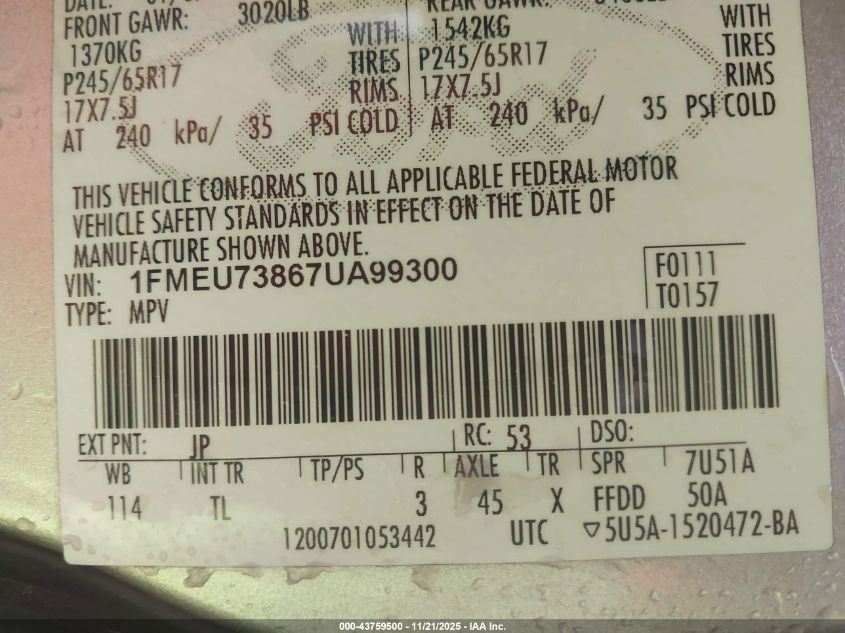 2007 Ford Explorer Xlt VIN: 1FMEU73867UA99300 Lot: 43759500