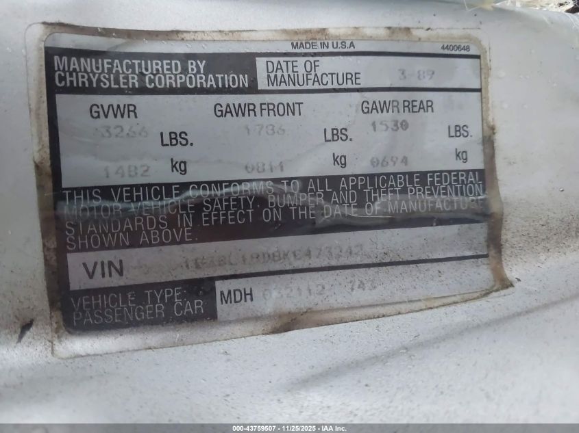 1988 Plymouth Horizon Expo VIN: 1P3BM18D1JY137736 Lot: 43759507