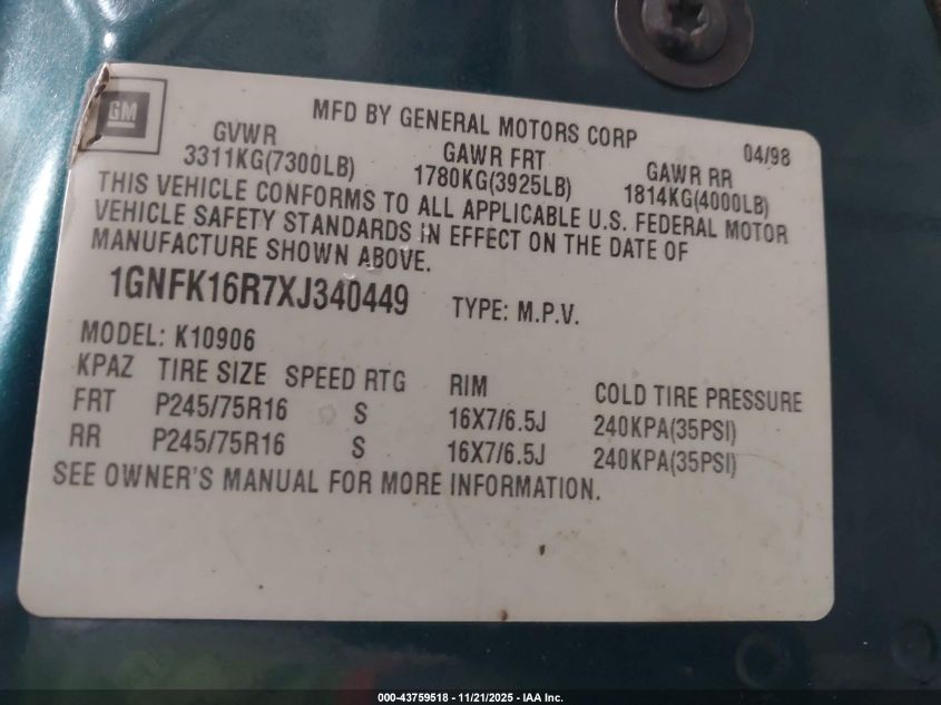 1999 Chevrolet Suburban 1500 Lt VIN: 1GNFK16R7XJ340449 Lot: 43759518