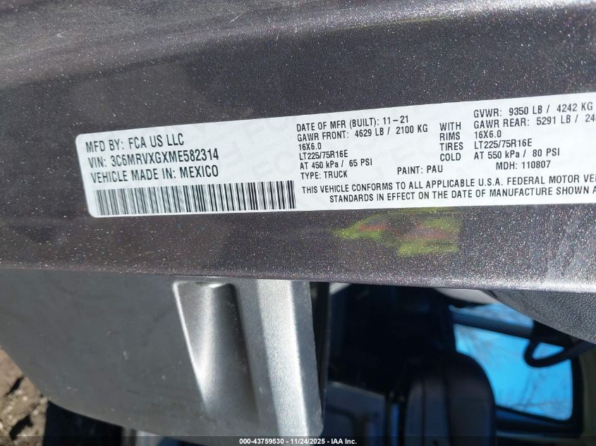 2021 Ram Promaster 3500 High Roof 136 Wb VIN: 3C6MRVXGXME582314 Lot: 43759530