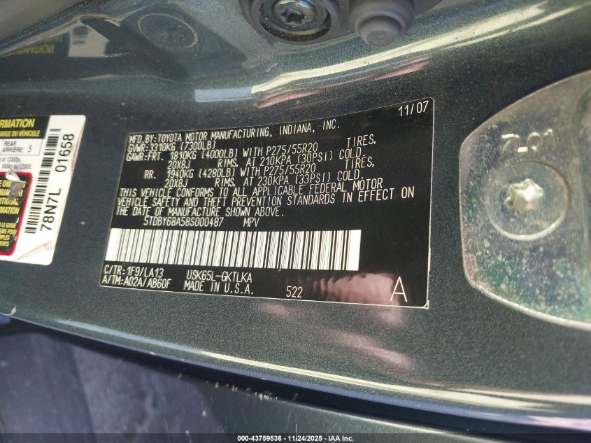 2008 Toyota Sequoia Limited 5.7L V8 VIN: 5TDBY68A58S000487 Lot: 43759536