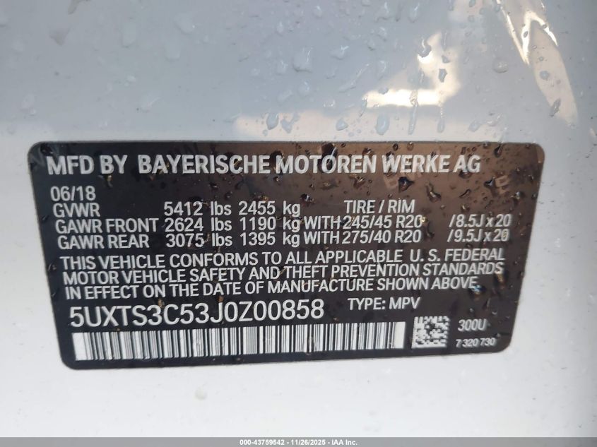 2018 BMW X3 M40I VIN: 5UXTS3C53J0Z00858 Lot: 43759542