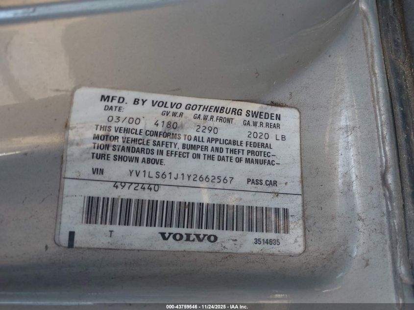 2000 Volvo S70 Se VIN: YV1LS61J1Y2662567 Lot: 43759546