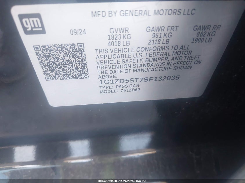 2025 CHEVROLET MALIBU 1.5L I-4 DI, DOHC, V(VIN: 1G1ZD5ST7SF132035