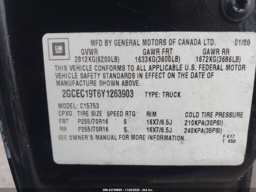 2000 Chevrolet Silverado 1500 Lt VIN: 2GCEC19T6Y1263903 Lot: 43759569