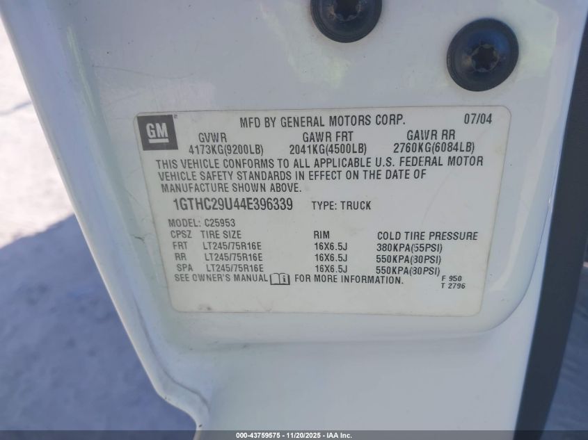 2004 GMC Sierra 2500Hd Sle VIN: 1GTHC29U44E396339 Lot: 43759575