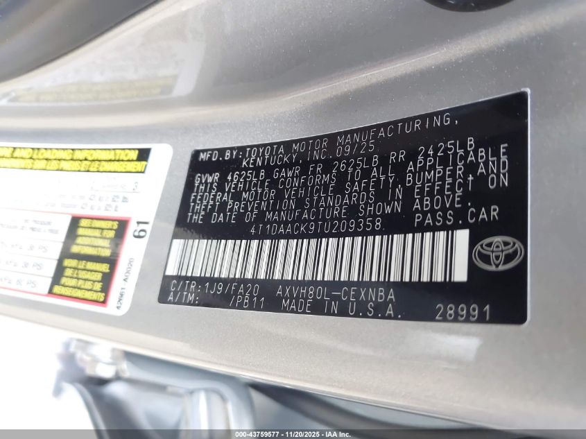 2026 Toyota Camry Le VIN: 4T1DAACK9TU209358 Lot: 43759577