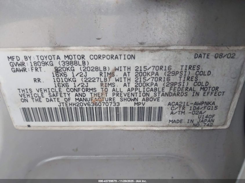 2003 Toyota Rav4 VIN: JTEHH20V636070733 Lot: 43759579