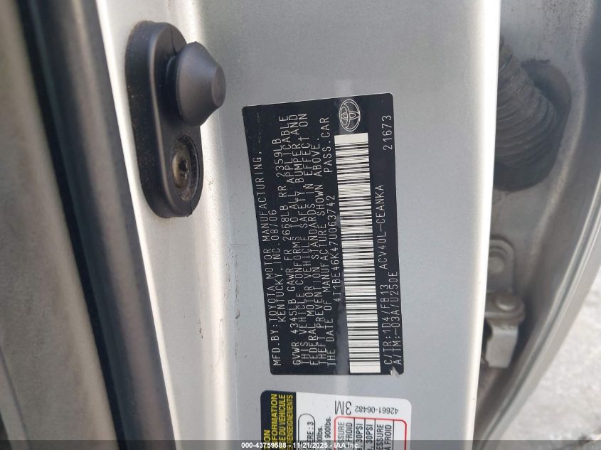 2007 Toyota Camry Le VIN: 4T1BE46K47U063742 Lot: 43759588