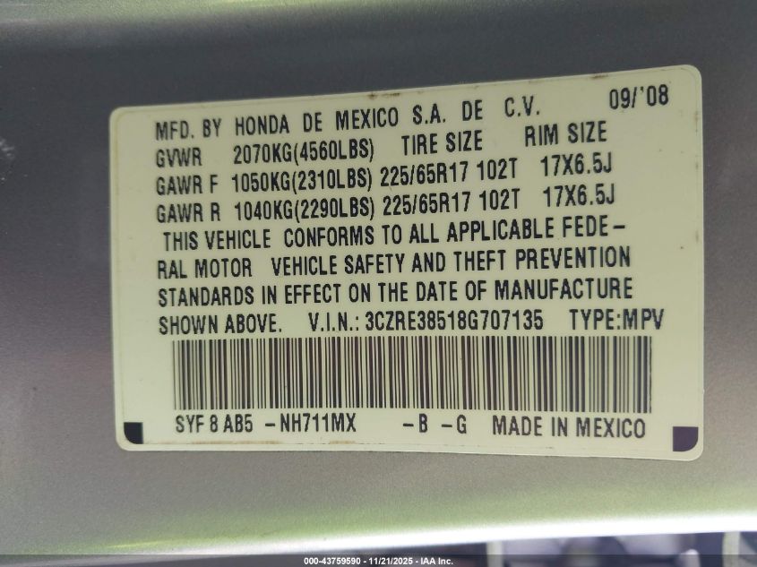 2008 Honda Cr-V Ex VIN: 3CZRE38518G707135 Lot: 43759590