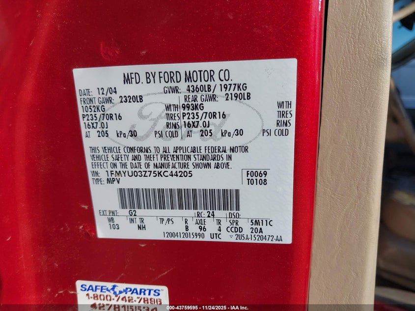 2005 Ford Escape Xlt VIN: 1FMYU03Z75KC44205 Lot: 43759595