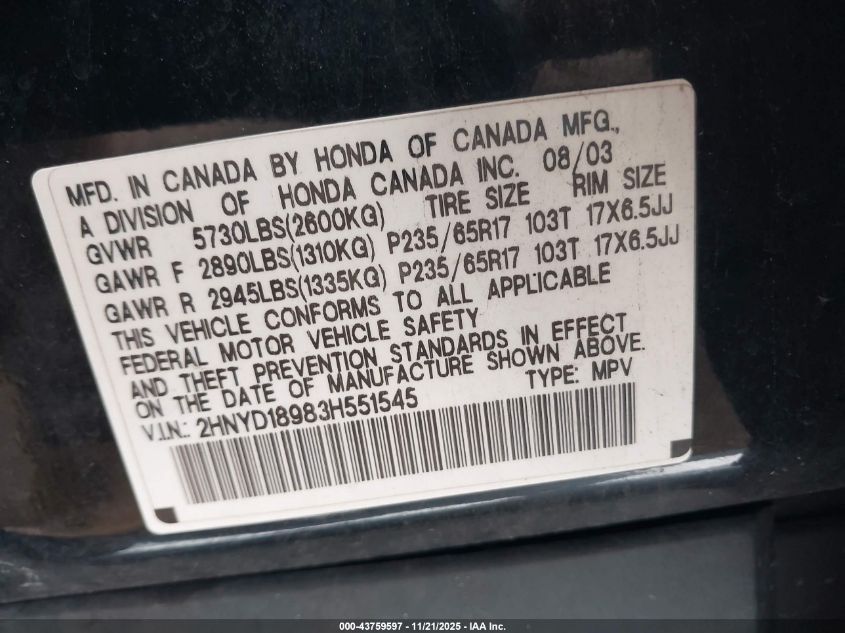 2003 Acura Mdx VIN: 2HNYD18983H551545 Lot: 43759597