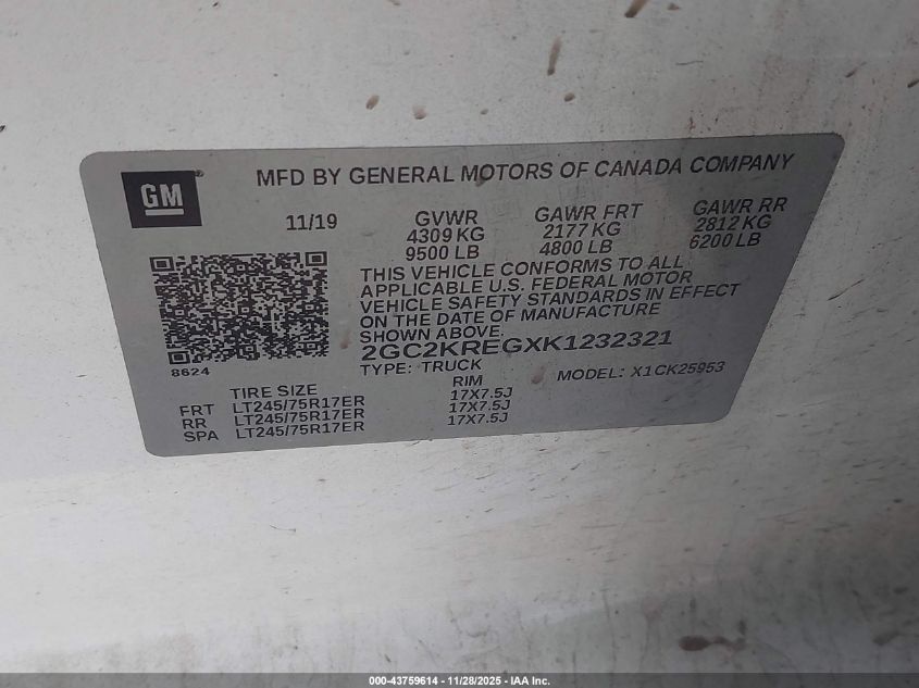 2019 Chevrolet Silverado 2500Hd Wt VIN: 2GC2KREGXK1232321 Lot: 43759614