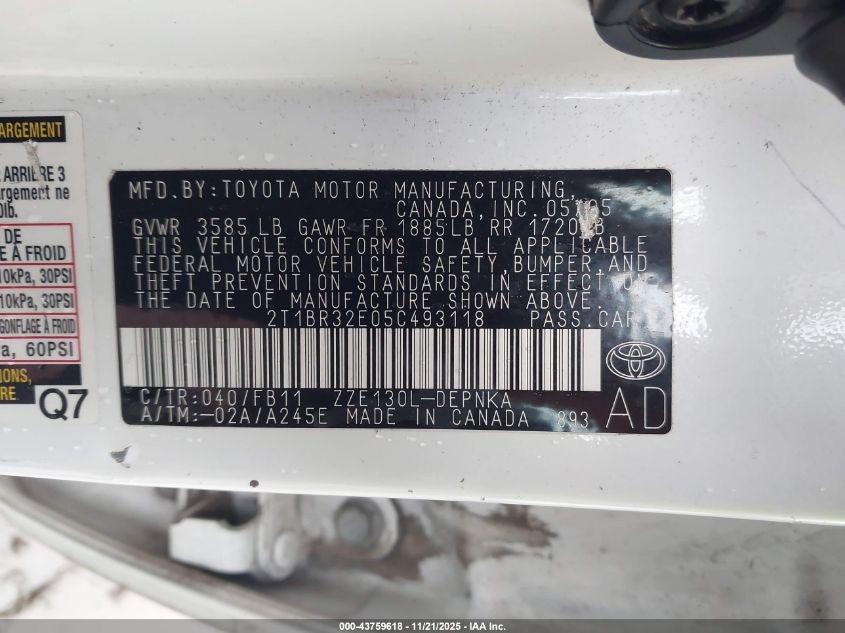 2005 Toyota Corolla Le VIN: 2T1BR32E05C493118 Lot: 43759618