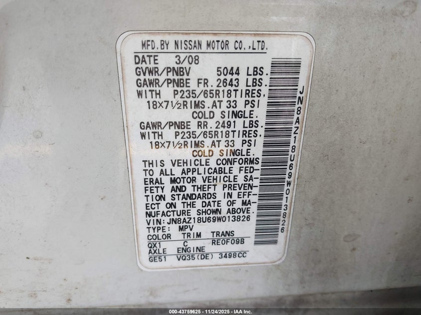 2009 Nissan Murano S VIN: JN8AZ18U69W013826 Lot: 43759625
