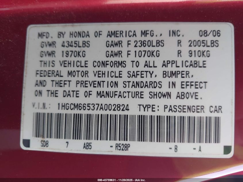 2007 Honda Accord 3.0 Ex VIN: 1HGCM66537A002824 Lot: 43759631