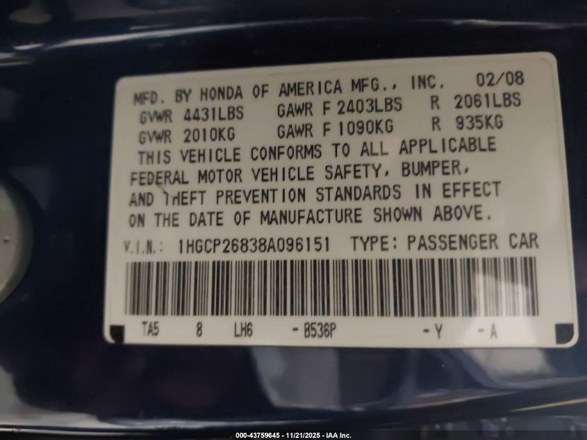 2008 Honda Accord 2.4 Ex-L VIN: 1HGCP26838A096151 Lot: 43759645