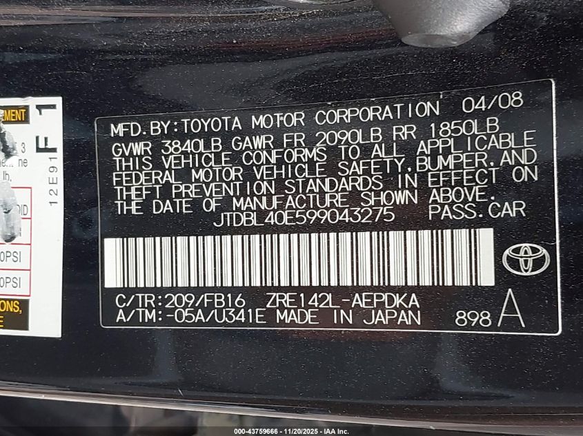 2009 Toyota Corolla Le VIN: JTDBL40E599043275 Lot: 43759666