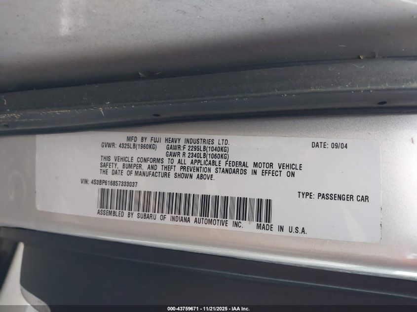 2005 Subaru Legacy 2.5I VIN: 4S3BP616857333037 Lot: 43759671