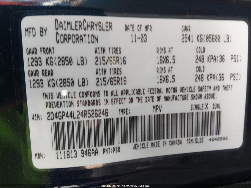 2004 Dodge Grand Caravan Sxt VIN: 2D4GP44L24R526246 Lot: 43759672