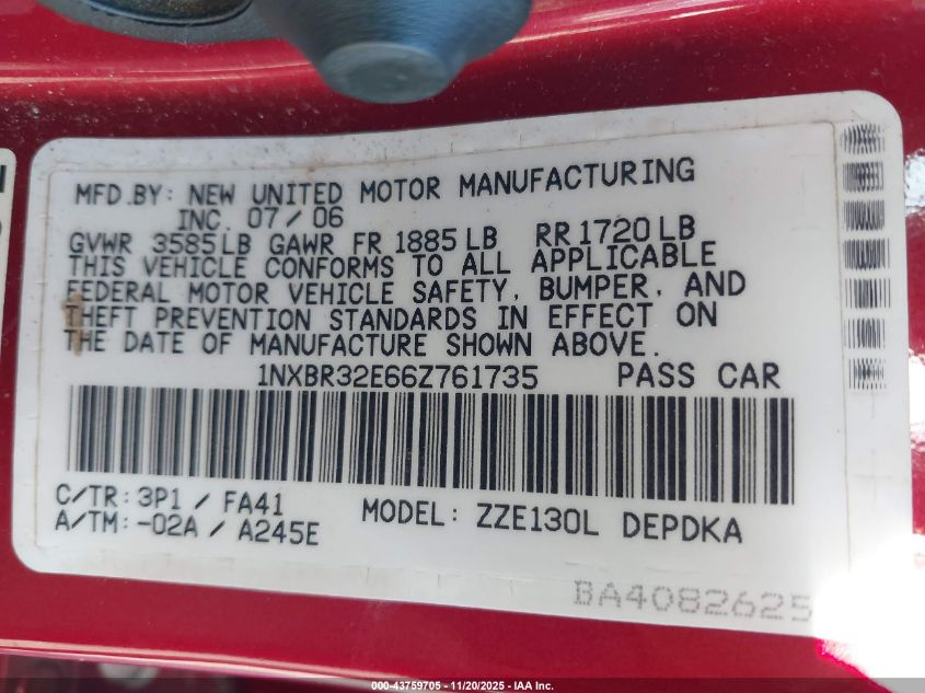 2006 Toyota Corolla Ce/Le/S VIN: 1NXBR32E66Z761735 Lot: 43759705