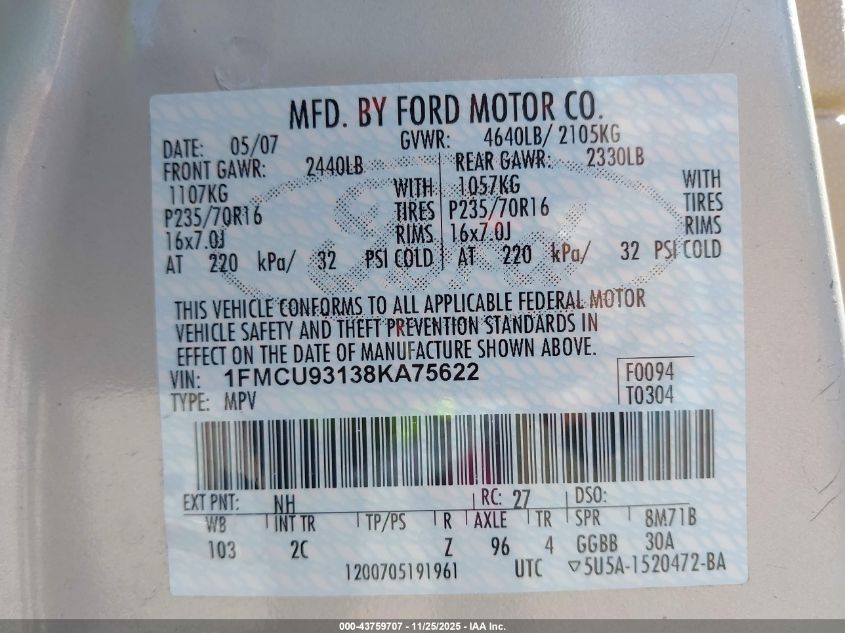 2008 Ford Escape Xlt VIN: 1FMCU93138KA75622 Lot: 43759707