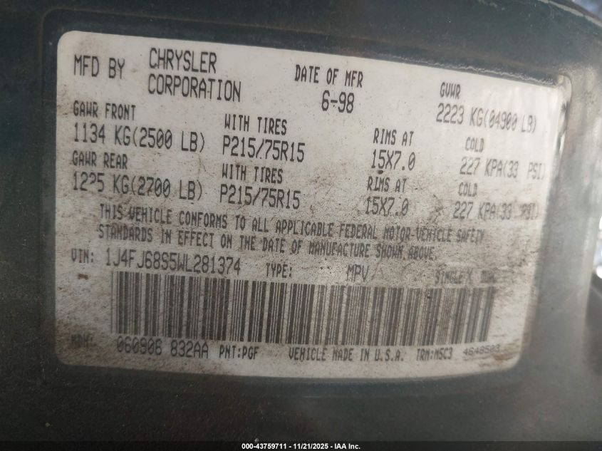 1998 Jeep Cherokee Classic/Sport VIN: 1J4FJ68S5WL281374 Lot: 43759711