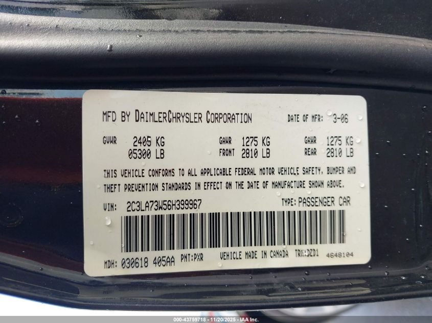 2006 Chrysler 300C Srt8 VIN: 2C3LA73W56H399967 Lot: 43759718