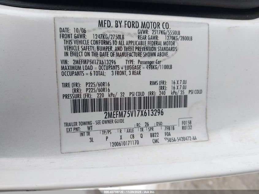 2007 Mercury Grand Marquis Ls VIN: 2MEFM75V17X613296 Lot: 43759720