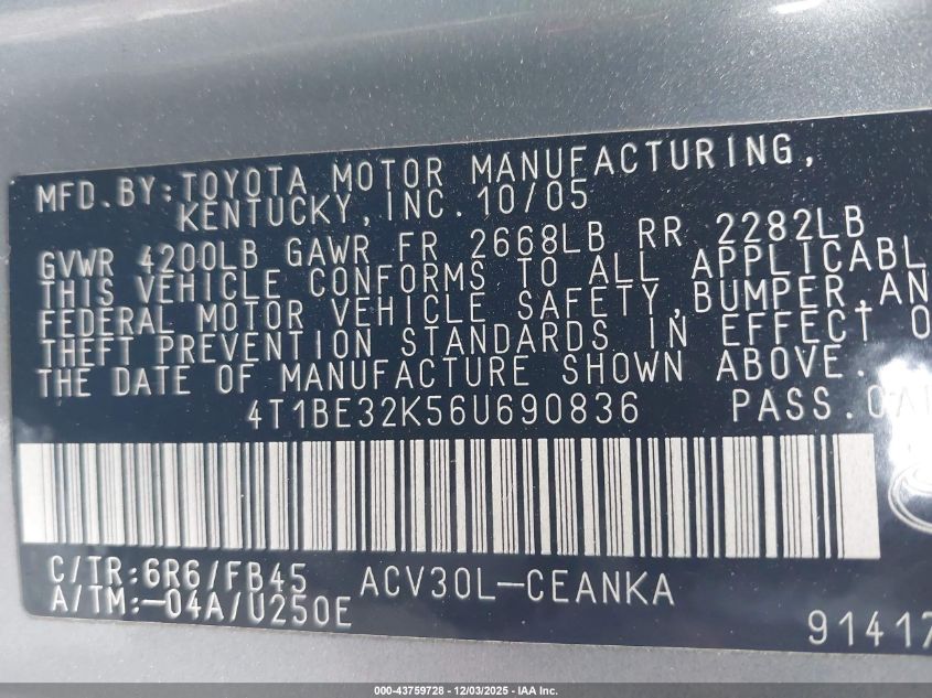 2006 Toyota Camry Le VIN: 4T1BE32K56U690836 Lot: 43759728